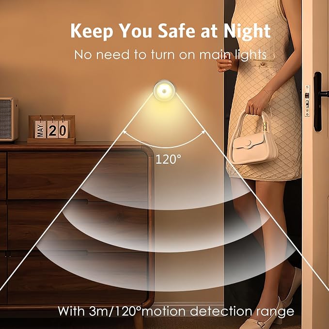 AMIR 3.15” Motion Sensor Light, 6 Pack Cordless Battery-Powered LED Night Light, Stick-Anywhere Closet Lights Stair Lights, Safe Lights for Hallway, Bathroom, Bedroom, Kitchen (Golden - Warm White)
