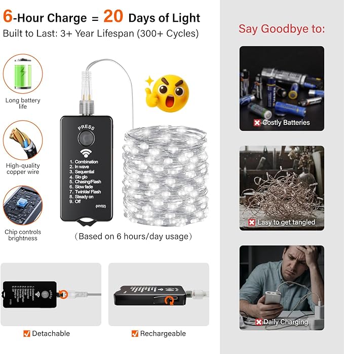 ZSJWL Rechargeable Fairy Lights with Remote，66ft 200 LED Outdoor Battery String Lights with DIY Timer & Light Sensor, Waterproof Dimmable Twinkle Light for Tree Christmas Indoor, White