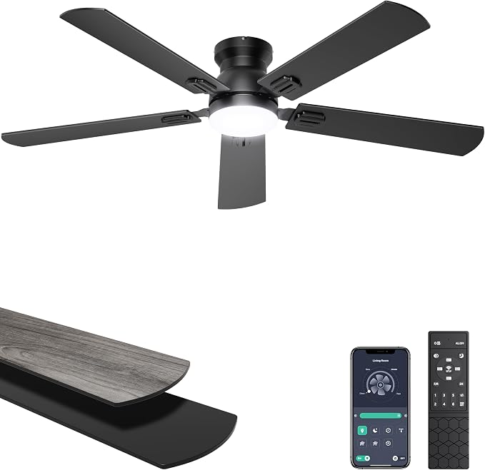 Ohniyou 52'' Low Profile Ceiling Fan with Lights, Remote/APP Control, Black | Flush Mount, Dimmable 3CCT LED, Quiet Reversible DC Motor; Memory Function, 5475 CFM, for Bedroom Living Room Kitchen