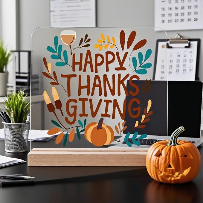 Happy Thanksgiving Desk Decor Gifts Autumn Table Decorations for Desk Plaque Clear Acrylic Sign with Wooden Stand for Fall Party Decorations Home Office Decorative Signs