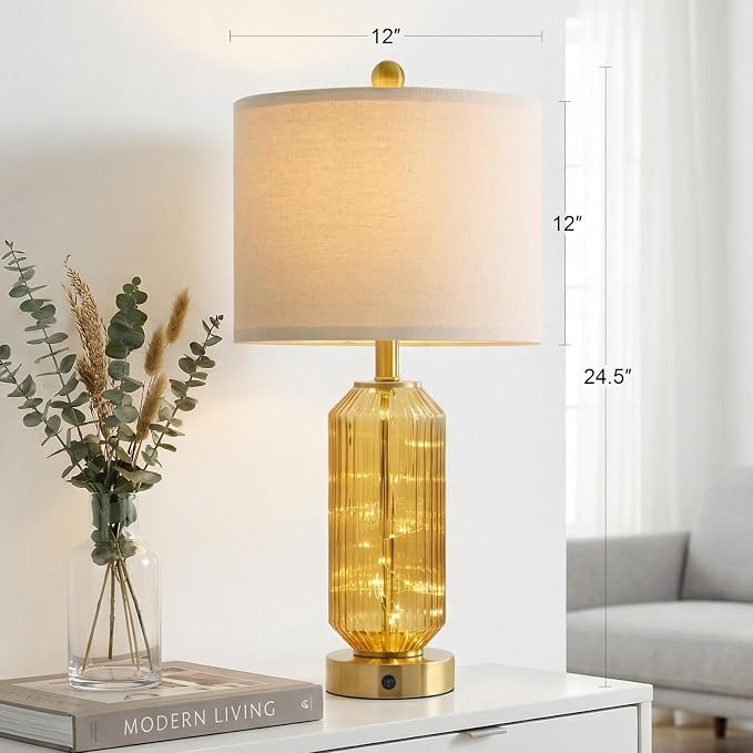 24.5" Bedside Table Lamps Set of 2, Amber Glass Nightstand Lamps with USB A+C Charging Ports and Night Light, Gold Modern Lamps for Bedroom, Living Room, End Table (2 Bulbs Included)