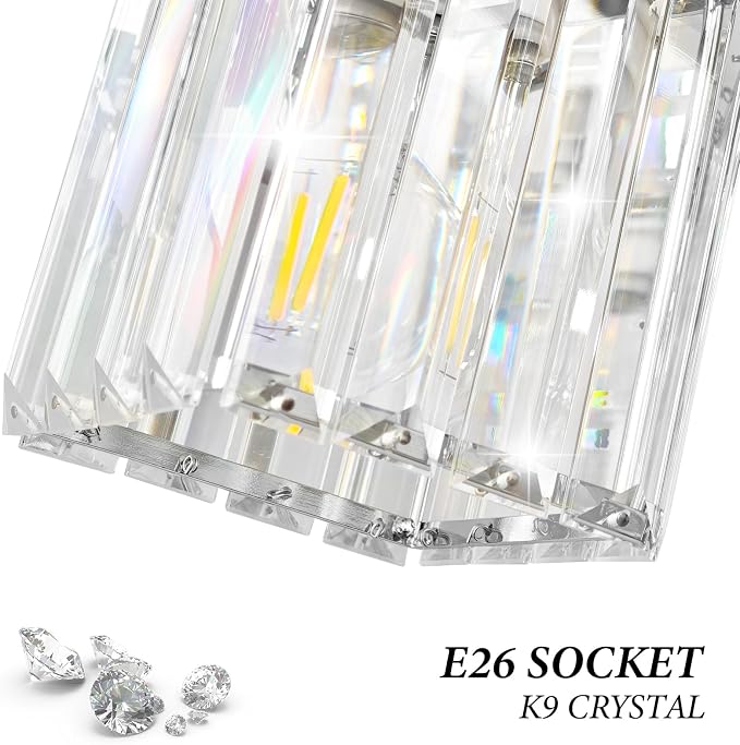 Brushed Chrome Crystal Bathroom Vanity Light, 2-Light Modern Bathroom Lighting Fixtures Over Mirror,Chrome Wall Sconce Light Fixtures with Square Shade