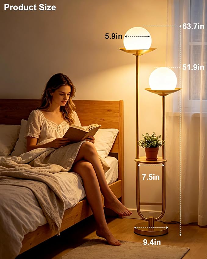 Lightdot 63IN 2 Globe Gold Floor Lamp Mid Century Standing Lamps Dimmable with 3000K Warm White LED Bulbs Unique Vintage Tall Floor Lamp with 5Lbs Heavy Base for Living Room/Wedding/Party