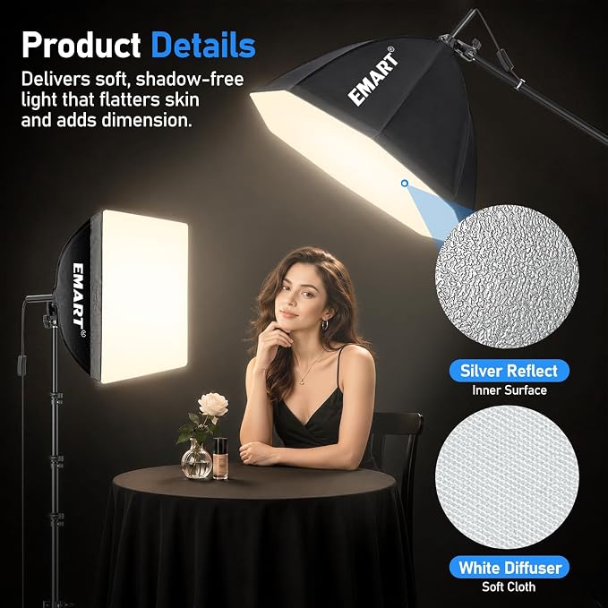 EMART Softbox Lighting Kit, 85W/135W Soft Box with Boom Arm for Studio 3PCS | Professional Equipment Three Point Light Setup, 16"x16" & 25.5"Octa Softbox, 3000-6500K LED Bulbs with APP/Remote for Photo