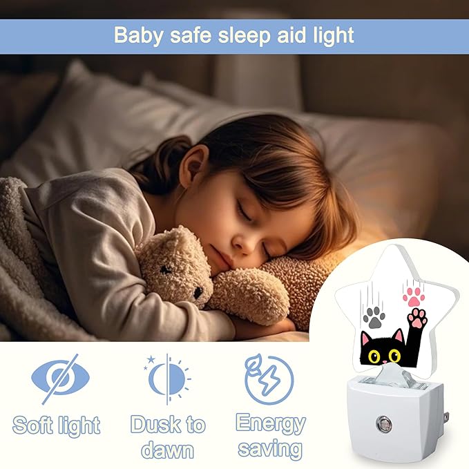 Cute Black Cat Night Light,Pink Gray Paws Plug-in Star Night Lights with Dusk-to-Dawn Sensor for Bedroom,Bathroom,Living Room Sleep Friendly Lamp for Women Girls Boys Gift,0.5W