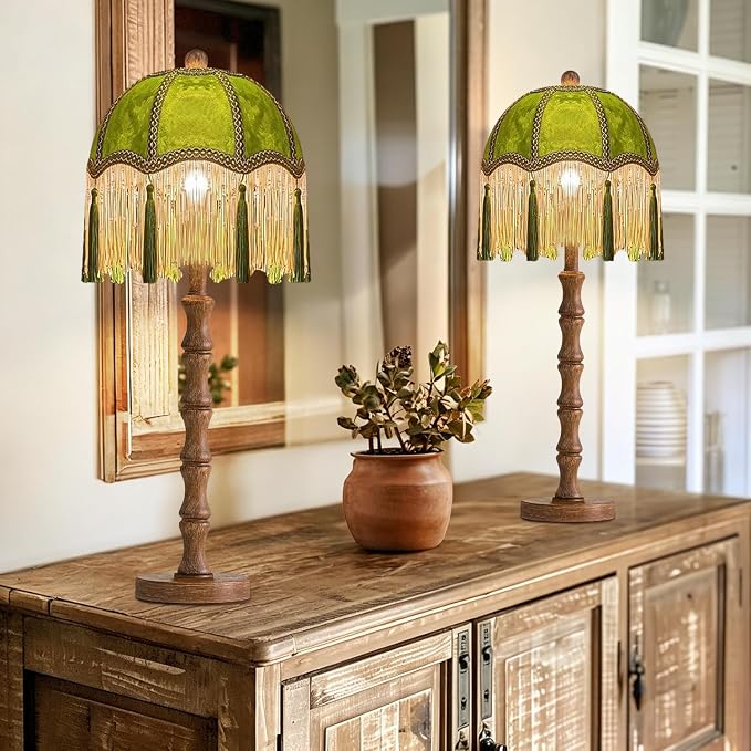 ILLMTW Vintage Table Lamp for Bedroom Living Room,Fringe Bedside Lamps Dimmable Boho Bedroom Lamp with Flower Green Lamp Shade,Mid Century Retro Tassel Unique Wood Small Nightstand Lamp Tiffany Decor
