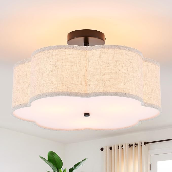18" Black Semi Flush Mount Ceiling Light, Linen 3-Light Fixture | Beige Linen Petal Shade, Modern Farmhouse Style For Bedroom, Kitchen,Hallway And Laundry; Close-To-Ceiling, E26, Easy Install