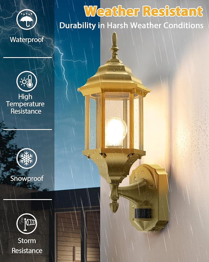 Redluck Motion Sensor Outdoor Lights, 2 Pack 16 inch Dusk to Dawn Outside Porch Lights, Waterproof Anti-Rust Aluminum Outdoor Wall Lights Exterior Lighting Fixtures for House, Garage, Front Door, Gold