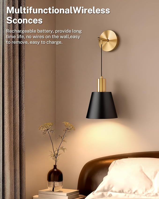 SAIMAND Battery Operated Wall Sconces Set of 2,Wireless Rechargeable Lights | Modern Cordless Wall Sconces with Remote Control, 9-Color Dimmable LED Lamps for Bedrooms, Living Rooms and Hallways (black)