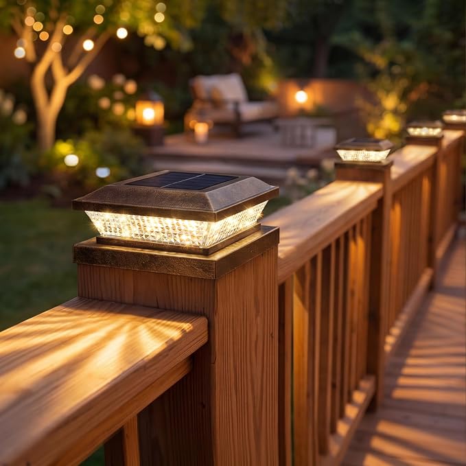 4x4 Solar Post Cap Lights Outdoor 4 Pack, Waterproof Solar Fence Light for Wooden/Vinyl Post, 2 Color Outside Deck Patio Porch Decor, Brown