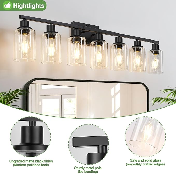 Indoi 7-Light Bathroom Light Fixtures, Matte Black Modern Vanity Lights with Clear Glass Shades, Bathroom Wall Lamp for Mirror Living Room Cabinet Bedroom Porch