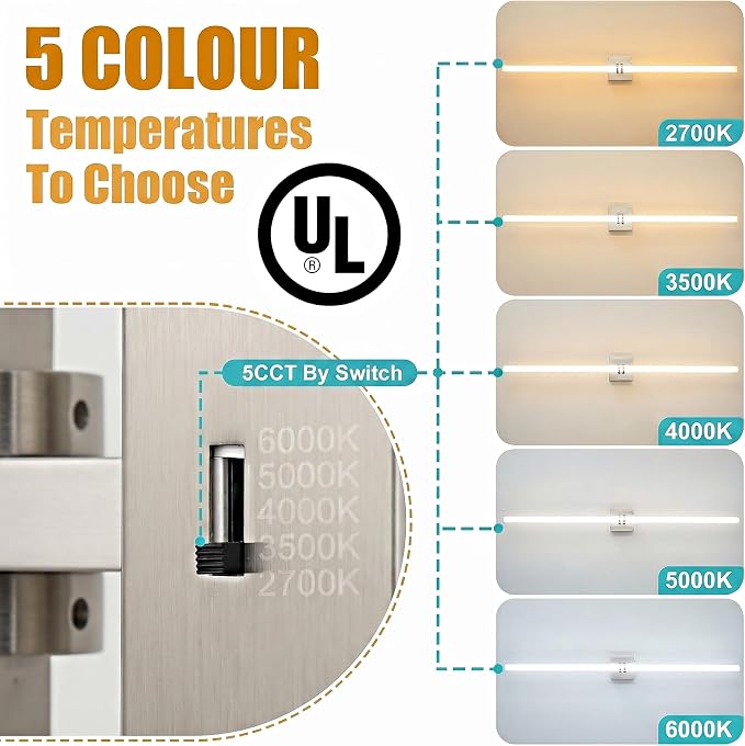 Bathroom Light Fixture LED Vanity Light 45.3" 5CCT Wall Sconce | LED Dimmable Wall Light Nickel Modern 360° Lighting, 42W Hardwired Vanity Light for Bathroom Mirror, Flicker-Free