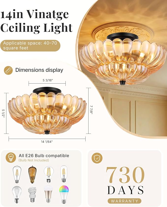 Semi Flush Mount Ceiling Light Fixture 14" Vinatge Black Ceiling Lights Mid Century Modern Glass Close to Ceiling Lighting Fixtures for Bedroom Hallway Kitchen Laundry Room Bathroom Foyer