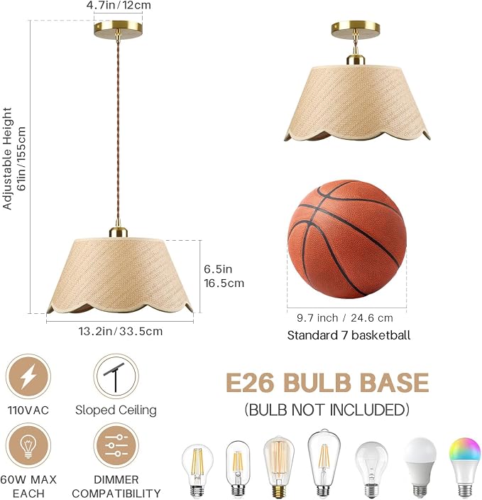13" Gold Rattan Pendant Light, Modern Farmhouse Hanging Lamp with Scalloped Drum Shade, Vintage Coastal Boho Lighting Fixture for Kitchen Island, Dining Room, Bedroom, Living Room, Foyer