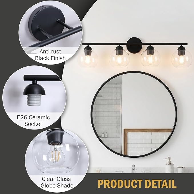 4 Light Bathroom Vanity Light, Black Vanity Light with Globe Glass Shades, Farmhouse Bathroom Light Fixtures Over Mirror, Modern Wall Light Fixture for Bedroom Hallway, E26 Socket