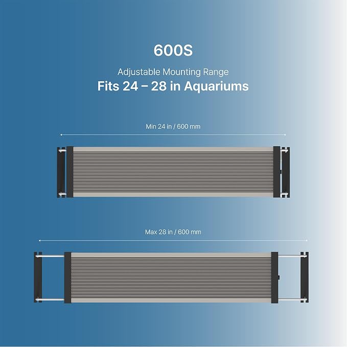 TWINSTAR S Line 600S WRGB LED Aquarium Light, Fits 24-28 Inch Tanks | Bluetooth controller included. WRGB 400-780 nm spectrum for planted tanks, 24-hour timer, 0-100% dimming, sunrise/sunset.