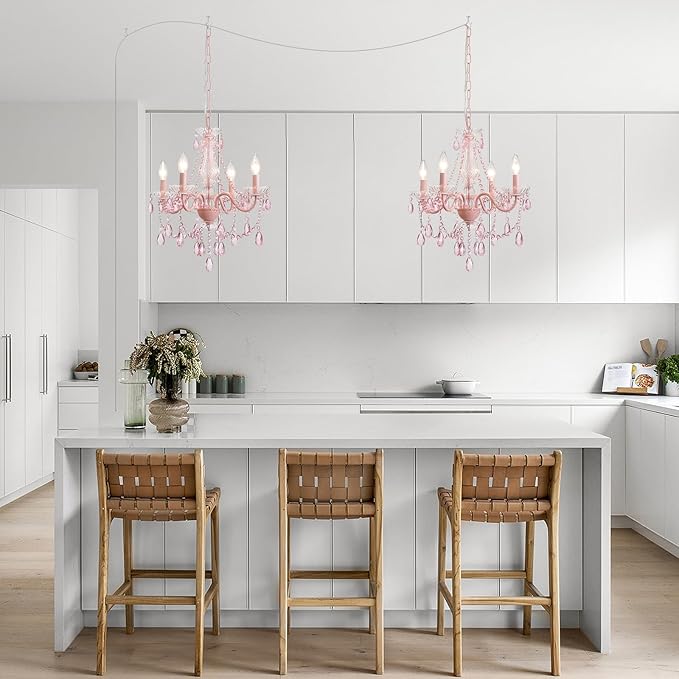 Plug in Crystal Pink Chandelier, Not acrylic Crystal,Mini 4 Lights for Girls Room,Pink Crystals Hanging Pendant Light with Clear Cord and On/Off, Chandelier for wedding, Kitchen, Dining,Foyer,Island