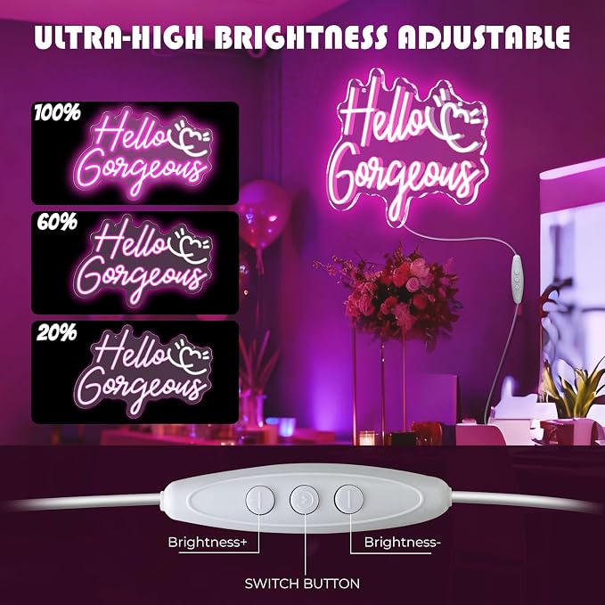 Hello Gorgeous Neon Sign, 16 * 10.8 Inches Led Sign, Neon Signs for Wall Decor with Dimmable Switch, Powered by USB Light up Sign, Pink Neon Lights for Teen Girls Bedroom, Salon, Party