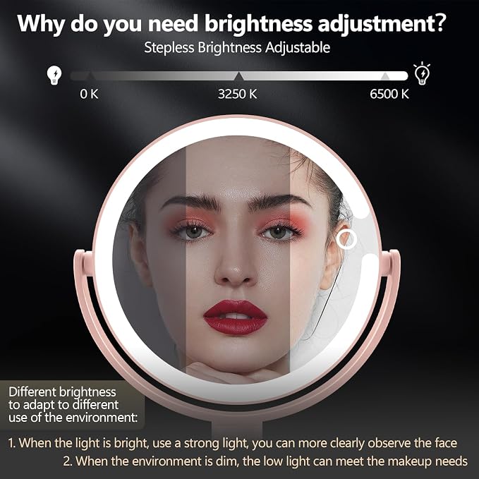 MIYADIVA Makeup Mirror with Lights, 30X Magnifying Mirror with Light and Touch Switch, Vanity Mirror with 3 Color Light and 80 LEDs, Height Adjustable Desk Mirror with Light, Pink