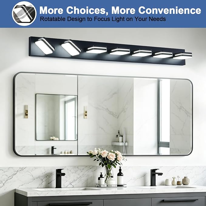 Torondo 360° Rotate LED Bathroom Vanity Light Fixtures, Acrylic Vanity Lights for Bathroom, Modern Wall Lighting Fixtures Over Mirror Living, Matte Black, Natural White, 7-Light, 46-Inch