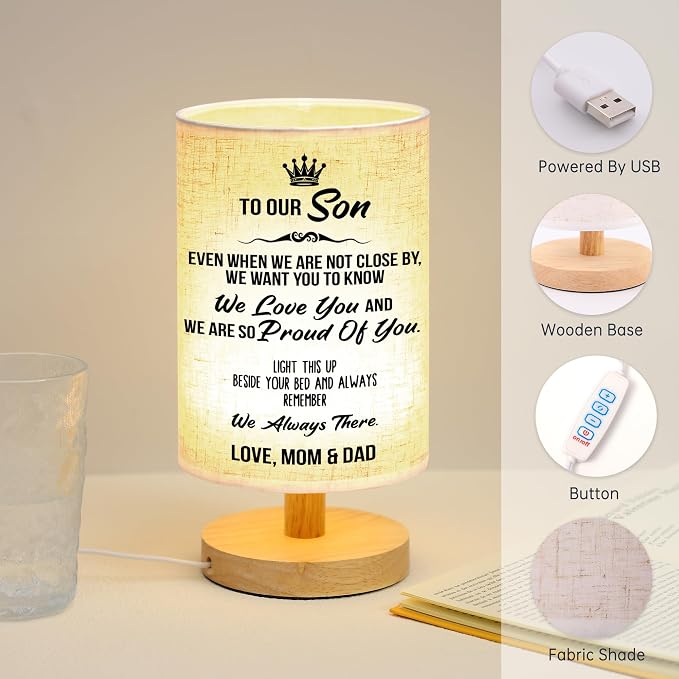 WSYEAR Gifts for Son from Mom Dad- Fabric Wooden Desk Lamp for Reading Bedroom Living Room for Son Adult Graduation Season Gifts, Birthday Gifts, Back to School Gifts