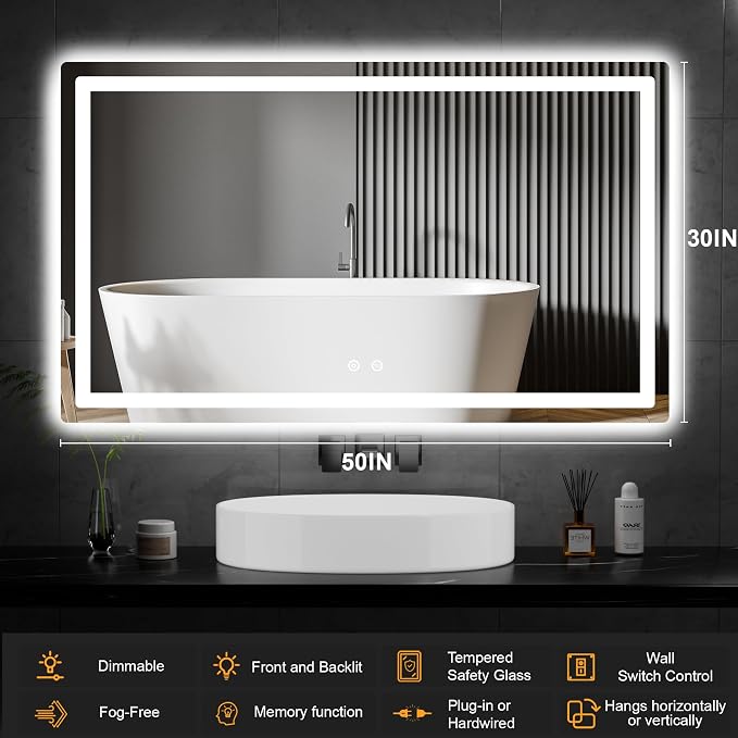 LED Bathroom Mirror with Lights, 30 x 50 Lighted Vanity Wall Mirror | Backlit and Frontlit, Anti-Fog, Dimmable 3 Colors, Shatter-Proof Tempered Glass, Memory Function, Plug-in/Hardwired