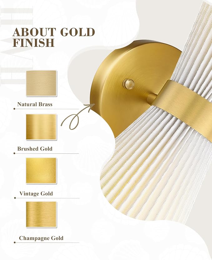 Gold Sconce Wall Lighting, HWH Single Wall Vanity Light Fixture for Living Room, Bathroom Wall Sconces with Milk White Striped Fabric Shade, Brushed Gold Finish, 5HZG97B-2W BG-FB