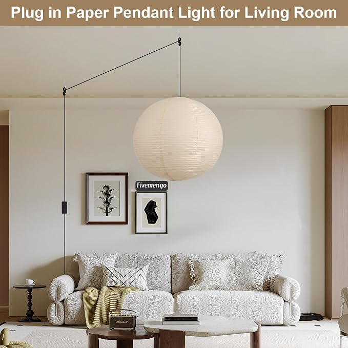 23.6in Paper Lanterns Plug in Hanging Lamp Off-White 19.7FT Cord | Rice Paper Lamp Lantern Pendant Light Large Globe Japanese Japandi Wabi Sabi Chandelier for Dining Living Room Bedroom 2 Pack