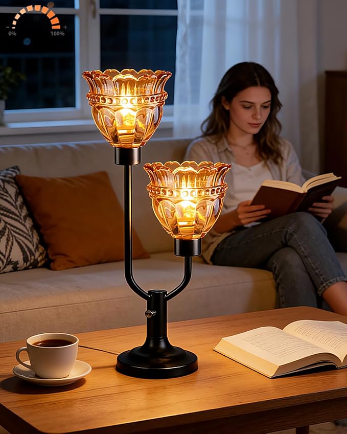 Lightdot Mid Century Modern Glass Table Lamp Black Dimmable Desk Lamps with Brown Glass Shade& 2Pcs 3000K Warmwhite Bulbs Included U-Shaped Bedside Nightstand Lamp for Living Room Bedroom