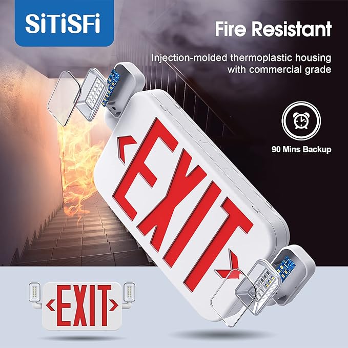 Led Combo Emergency Exit Sign Light with Two Adjustable Head Lights and Backup Battery Exit Light,US Standard Red Letter Commercial Emergency Exit Lighting,UL 924,AC120/277V (4Pack)
