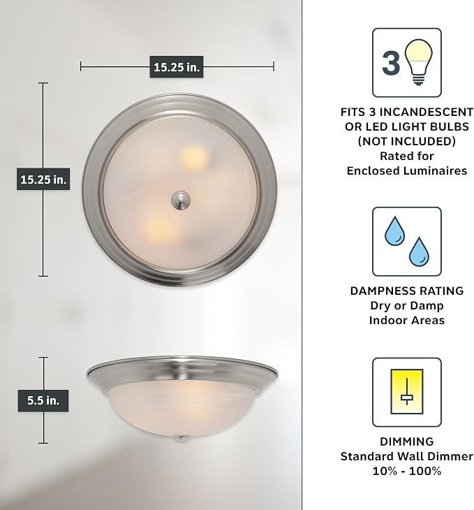 Designers Fountain 15 in Modern 3-Light Flush Mount Ceiling Light, Satin Platinum with Alabaster Glass Shade, 1257L-SP-AL