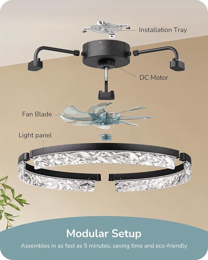 EDISHINE 20'' Ceiling Fans with Lights and Remote, 6 Speeds LED Modern | Flush Mount, DC Motor, APP Control, Black Fandelier, Low Profile Ceiling Fan for Bedroom, Kitchen 3000-6000K Dimmable