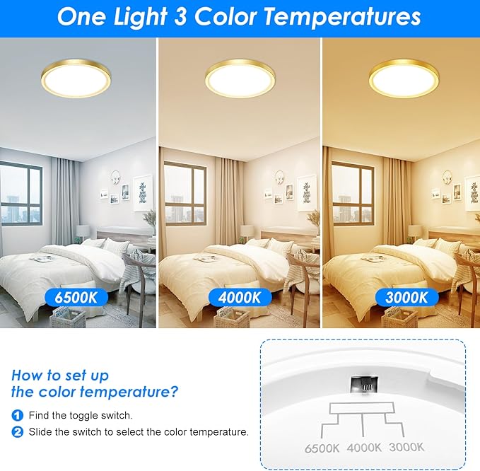 Peasur 7 Inch LED Ceiling Light Gold, 15W Slim Flush Mount Ceiling Light 3000K/4000K/6500K Adjustable, Modern Round Ceiling Lighting for Bedroom, Living Room, Kitchen (2-Pack)