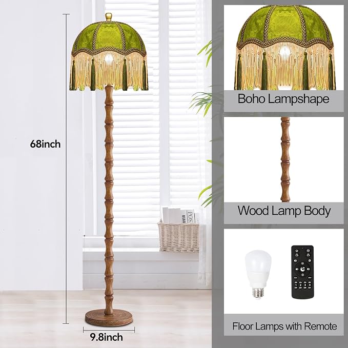 QIYIZM Vintage Floor Lamp for Living Room,Bedroom,Fringe Standing Lamp with Remote Dimmable,Green Mid Century Gold Tall Lamp Boho Retro Wood Tassel Flower Unique Lamp Tiffany Decor