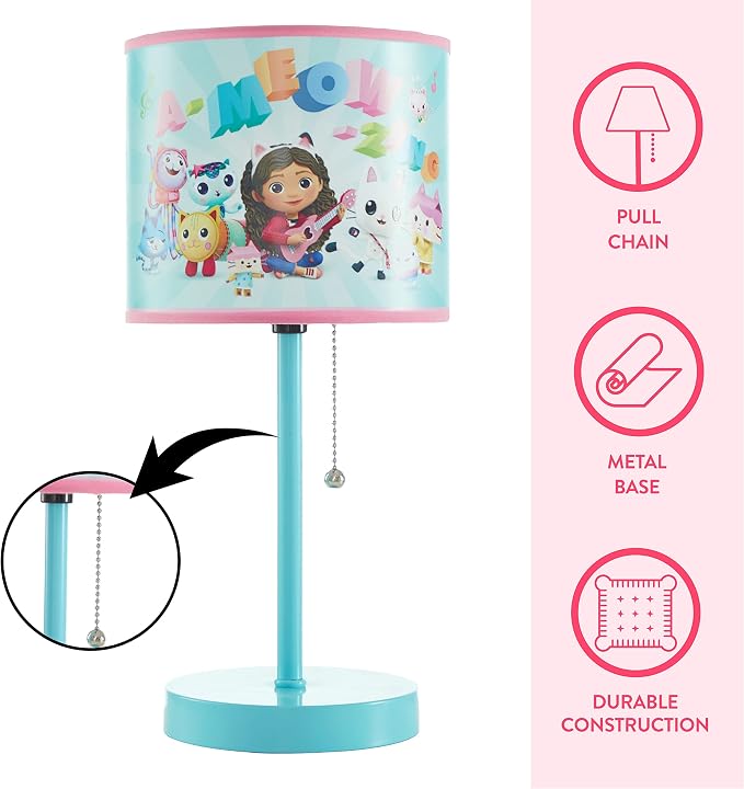Idea Nuova Gabby's Dollhouse Stick Table Lamp for Kids with Pull Chain