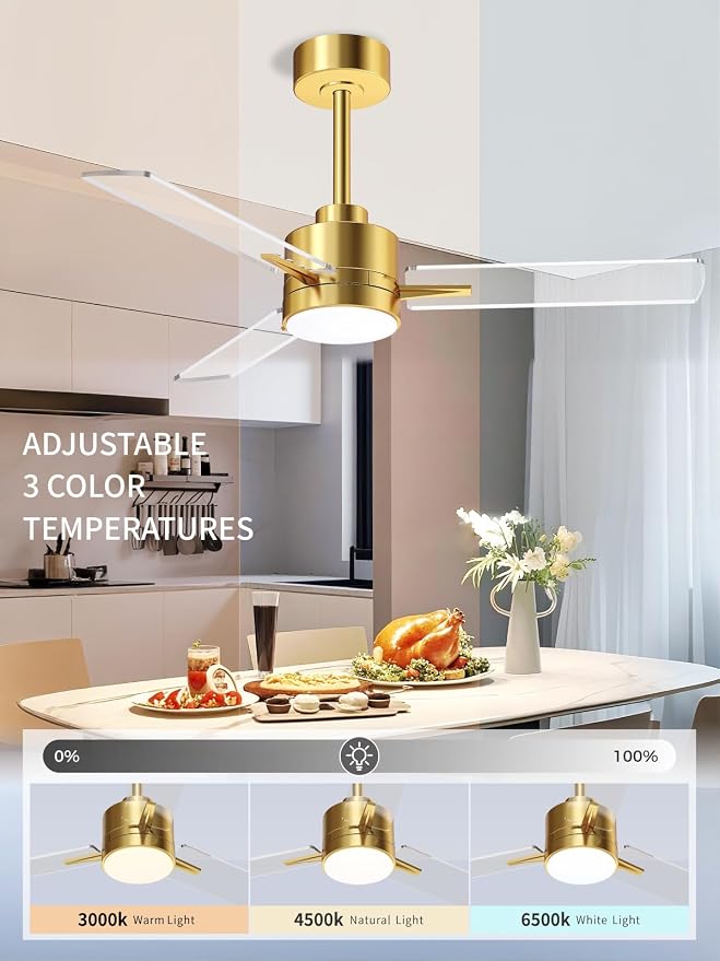 LANMEL Metal Ceiling Fan with Lights and Remote, 42 Inch, Gold & Transp | Modern Low Profile Flush Mount, Reversible, 3CCT Dimmable, Quiet, LED, For Bedroom, Living Room, Indoor/Outdoor Patio Use