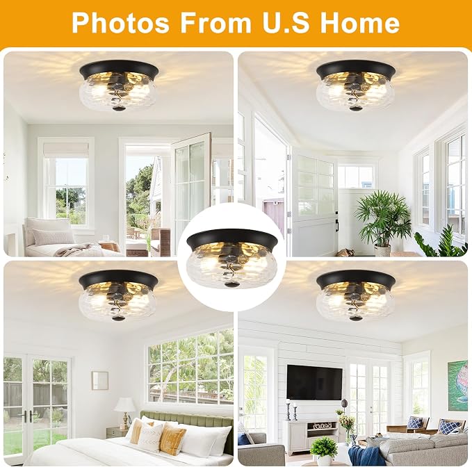 Black Flush Mount Ceiling Light Fixtures, 2-Light Ceiling Mount for Modern with Clear Hammered Glass Shade, Industrial Flush Mount Light Fixture Farmhouse for Hallway Kitchen Bedroom Entryway Foyer