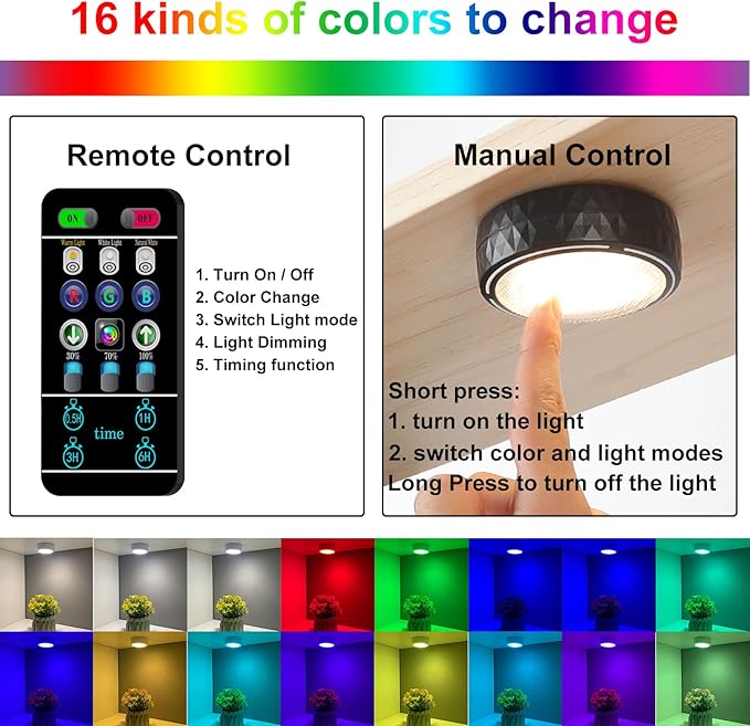 Onumii Battery Operated Under Cabinet Lighting with Remote, Wireless LED Puck Lights Color Changing with Timer, Stick On Closet Lights for Kitchen Cabinets Shelf Display - 2 Pack Black
