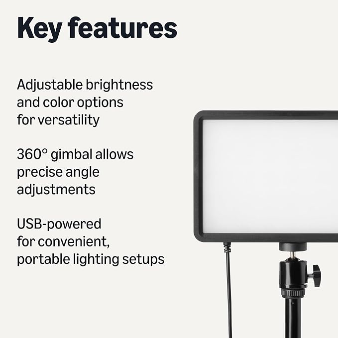 Amazon Basics 2-Pack LED Video Light, 7 Vibrant RGB Colors and 3 Color Temperatures (2500-6500K), Dimmable Lighting with 62.3-Inch Adjustable Tripod, 360° Gimbal, USB-Powered for Streaming