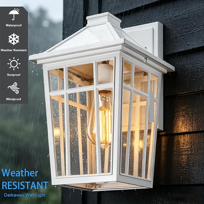 Darkaway Dusk to Dawn Outdoor Wall Lights for Porch,Seeded Glass,1 Pack | 14inch Exterior Lighting Fixtures Wall Mount, Open-bottom Design White Porch Lights for House Patio Hallway Garage