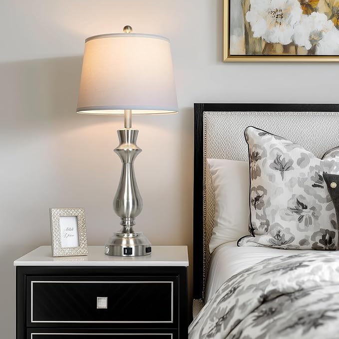Modern Silver Table Lamp for Living Room,30" Tall Bedside Lamp with USB Charging Port,3-Way Dimmable Touch Nightstand Lamp for Bedroom Desk Side Table Office,Silver-1P