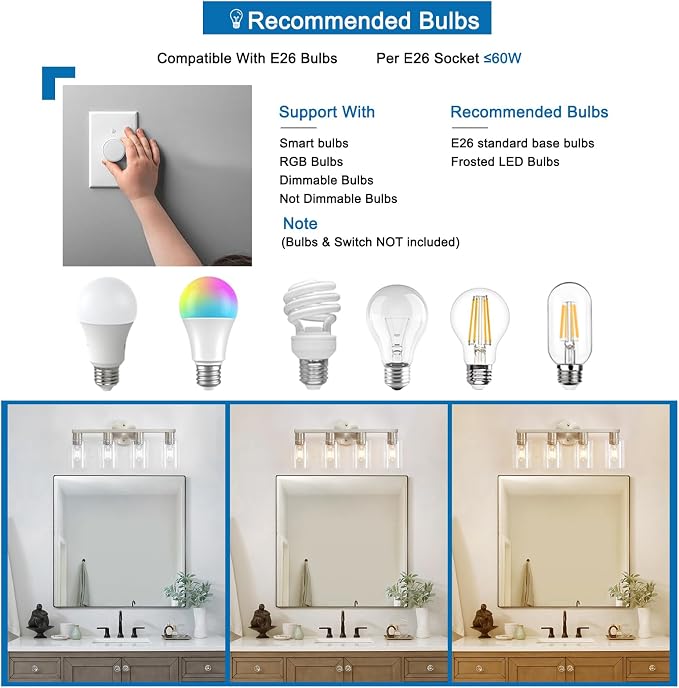 4 Light Bathroom Vanity Light, Brushed Nickel 4-Light Bathroom Light Fixtures, Vanity Lights for Make-Up Mirror, Modern Lighting Fixtures with Clear Glass Shade for Bedroom Living Room