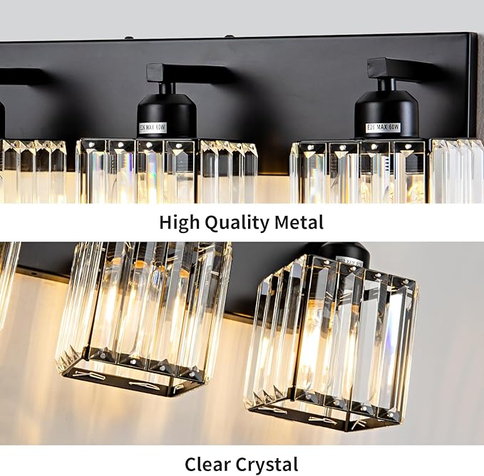 Black Bathroom Vanity Light 3 Lights, Crystal Bathroom Wall Light Fixtures Modern Vanity Light Over Mirror (Exclude Bulb)