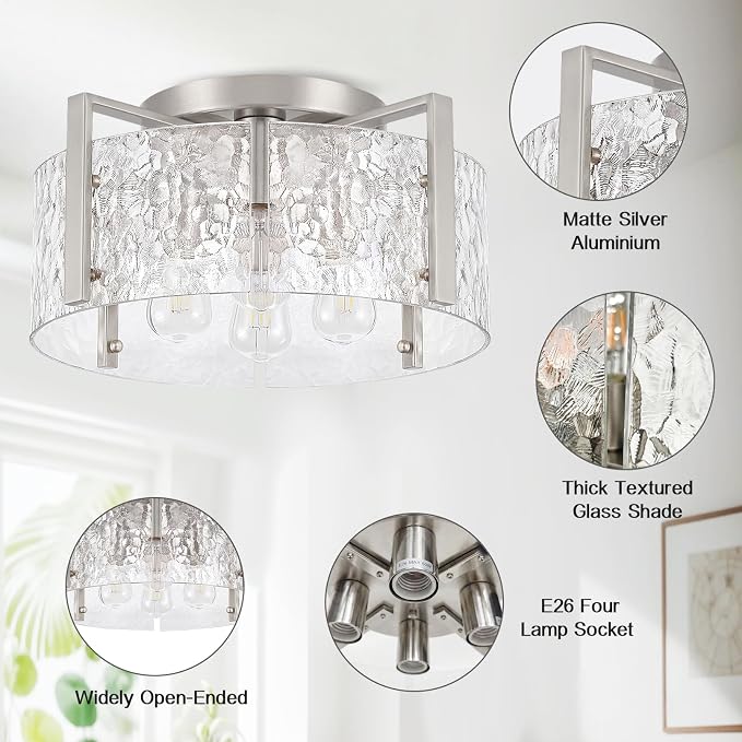 16" Semi-Flush Mount Ceiling Light, 4-Light Hammered Glass Drum Fixture | OYKYOHEI Indoor Lighting for Bedroom Hallway Entryway Kitchen Foyer Living Room Laundry Decor, Black Modern Dimmable E26