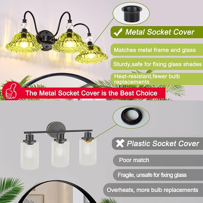Vintage Bathroom Vanity Light Fixtures 3 Lights Matte Black Vanity Lights for Bathroom with Floral Green Crystal Glass Shades Vanity Wall Lights for Mirror Bedroom Living Room Hallway