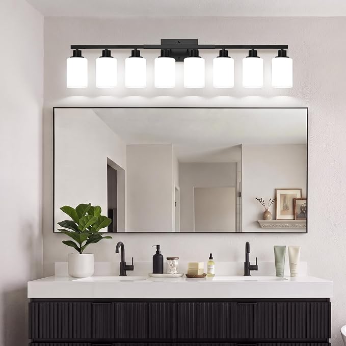 MOKATNG 8-Light Bathroom Light Fixtures, Vanity Light with Milky White Shades, Matte Black Bathroom Light Fixtures Over Mirror, Modern Bathroom Wall Lamp for Mirror Living Room Cabinet Bedroom