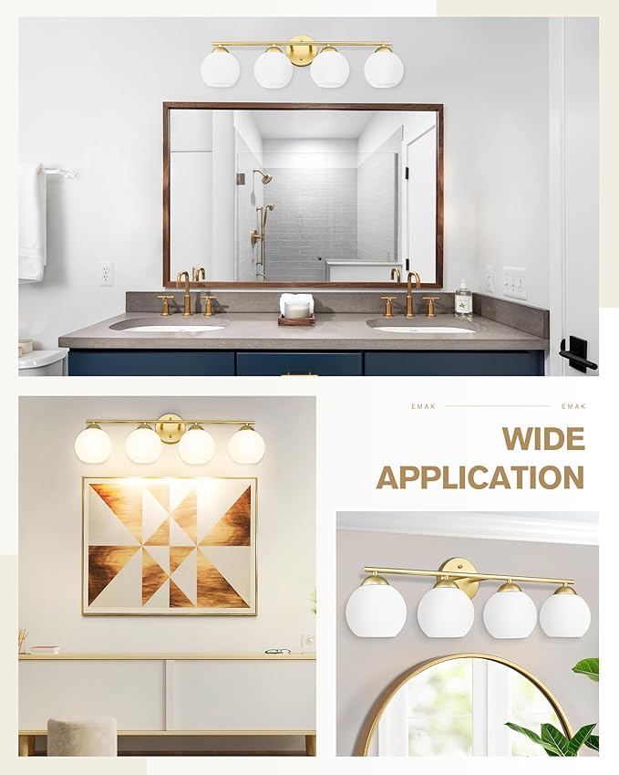 Emak Modern Gold Bathroom Light Fixtures Over Mirror, 4 Light Bathroom Vanity Light with Milk Glass Shade, 29 Inch Globe Vanity Lights for Bathroom, Mirror, VL114-GD-ML-4