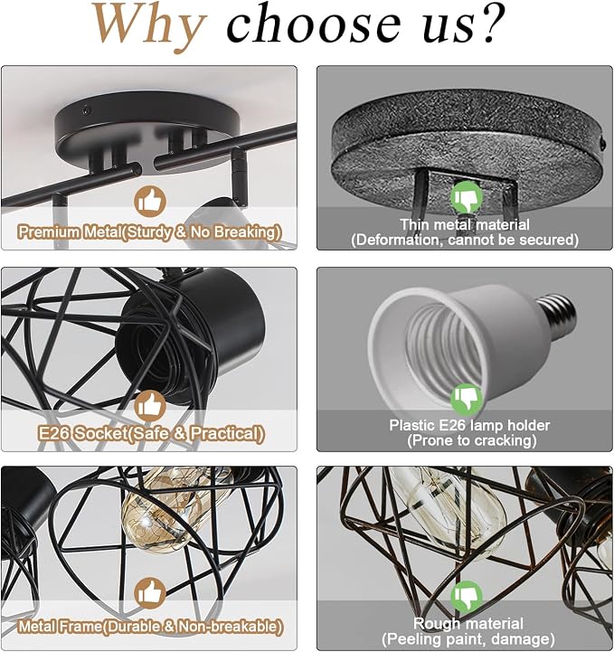 6 Lights Adjustable Multi-Directional Black Light Fixtures, Semi Flush Mount Ceiling Light, Kitchen Light Fixtures, Track Lighting Fixtures Metal Cage Industrial Spotlight Fixtures for Dining Room
