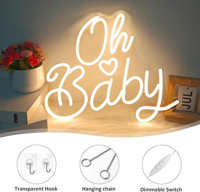 Oh Baby Neon Sign for Wall Decor, Baby Shower Neon Sign with Dimmer, Warm White Led Light for Bedroom Decor, Wall Decoration USB Powered with Switch, Gift for Mother(14.9inchs*13inchs)