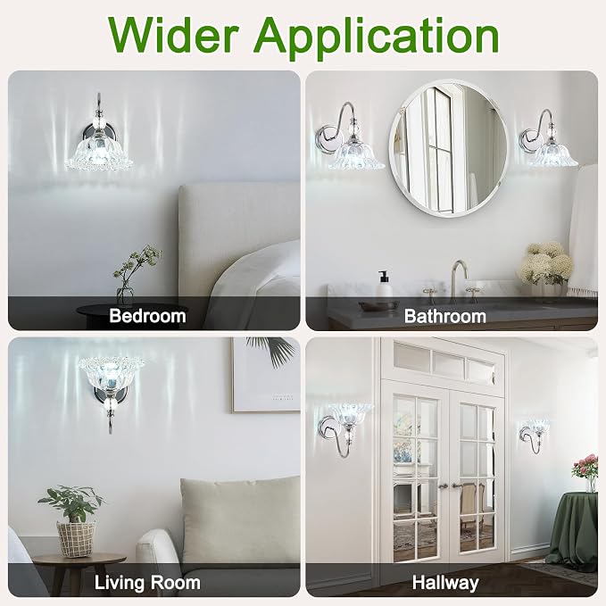 Bathroom Vanity Light Fixtures Single-Head Wall Sconces Lighting with Floral Crystal Glass Shade Chrome Wall Lights for Bathroom,Bedroom,Hallway,Bedside(Bulbs Not Included)